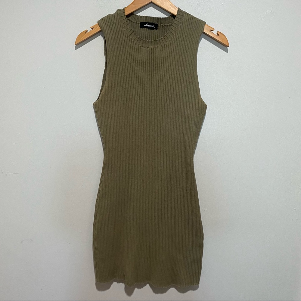 Olivaceous Women's Casual Olive Green Ribbed Midi Bodycon Halter‎ Dress Size L
